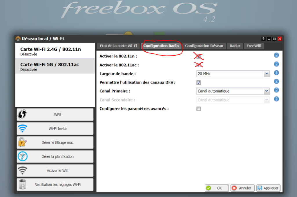 Désactiver Wifi 5Ghz sur Freebox Révolution