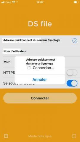 Page de connection de DS FILE vers un NAS SYNOLOGY