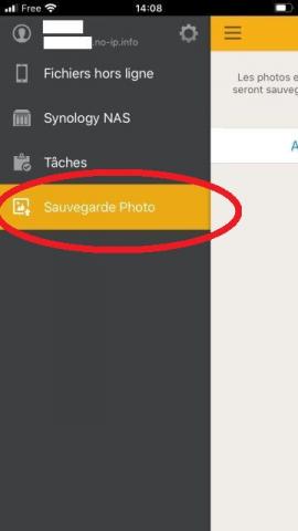 Choix de la fonctionnalité "Sauvegarde Photo" sur l'application DSF FILE DE SYNOLOGY sur IPhone