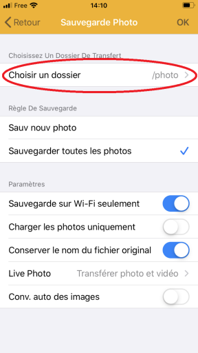 Choix du dossier de destination des fichiers sauvegardés sur le serveur NAS Synology avec l'application DS FILE pour IPhone 