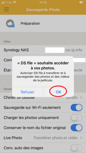 Réglage des paramètres afin de permettre a DS FILE d'accéder aux photos présente dans l'IPhone à sauvegarder