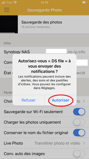 Réglage des paramètres afin de permettre a DS FILE de vous envoyer des notifications sur l'IPhone à sauvegarder