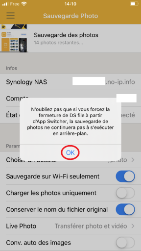 N'oubliez pas que si vous forcez la fermeture de DS file à partir d'App Switcher, la sauvegarde de photos ne continuera pas à s'exécuter en arrière-plan.