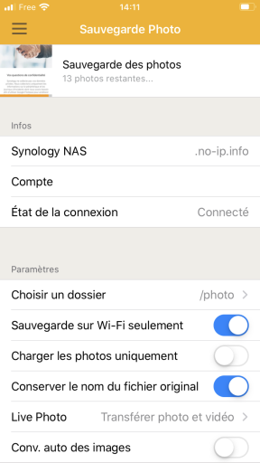 Démarrage de la sauvegarde des photos avec DS FILE de Synology sur 
 IPhone