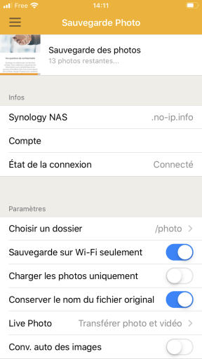 Démarrage de la sauvegarde des photos avec DS FILE de Synology sur 
IPhone